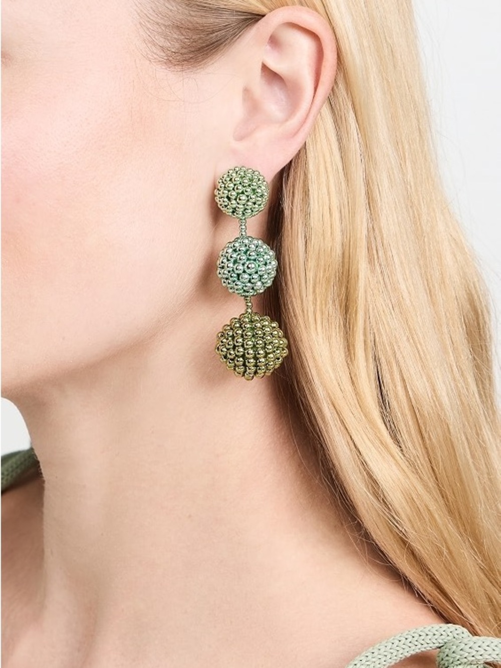 Oscar de la Renta 3 Ball Beaded Chandelier Earrings green